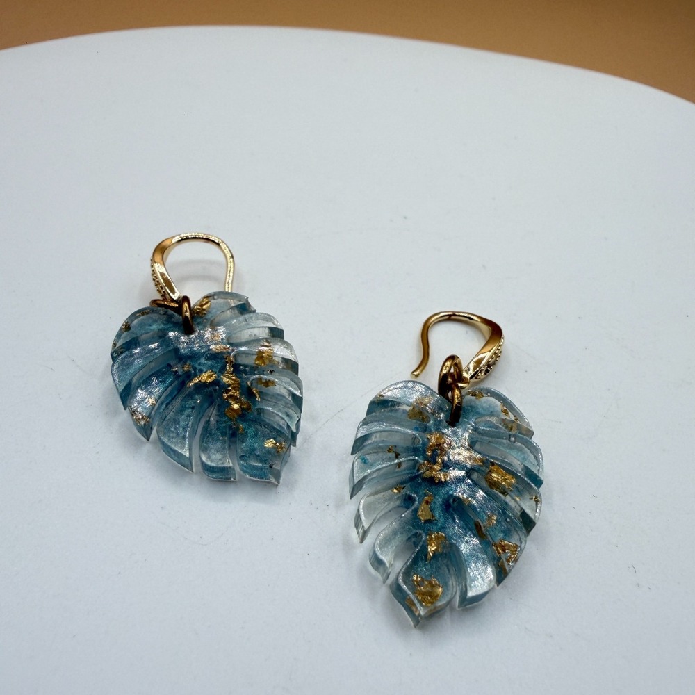 Blue Resin Monstera Leaf Gold Tone Foil Dangle Earrings Tropical Statement Gift